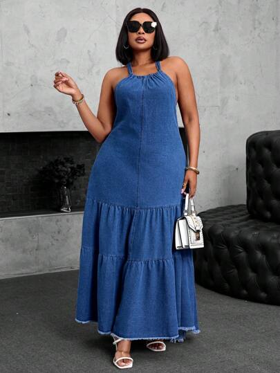 SHEIN SXY Plus Size Women Halter Super Long Denim Dress Autumn Outfits For Women Festival Outfits Elegant Vacation Outfits Woman Sundress Milkmaid Dress Women Women Autumn Dresses Women Maxi Dresses Women Maxi Dress