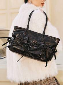 SHECARRY Bolso estilo Y2K de mujer a la moda, con bolsillos duales, cordón y pliegues. Bolso de hombro/tote gótico y punk para mujeres