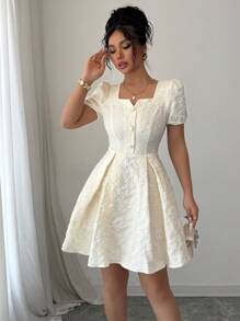 Rafferiza 女士花卉提花优雅泡泡袖方领连衣裙