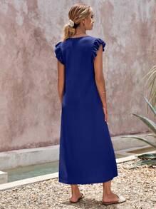 RueChic Vestido de verano de unicolor simple con cuello en V y dobladillo con volantes para mujer