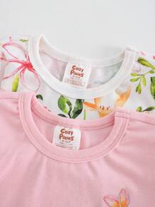 Cozy Pixies 女婴 4 件套舒适睡衣套装 - 卡通动物印花针织柔软圆领长袖上衣和松紧腰长裤 - 彩色 - 查看 4