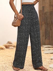 SHEIN Tall Pantalones anchos de pierna con volantes en el bajo, de estilo casual de vacaciones, con estampado floral diminuto de color negro y blanco, de una tela con sensación de lino, para mujeres