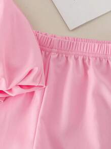 SHEIN Elladie kids 2 sztuki/zestaw dla młodych dziewcząt: elegancki top bez rękawów z kokardą i luźne szorty - Różowy - Zobacz 5