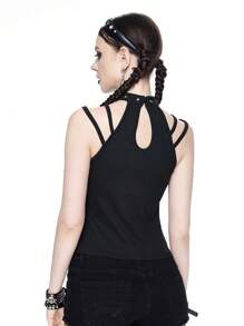 ROMWE Goth Women's Fashion Punk Patchwork Fishnet Halter Neck Top - Black - View 4