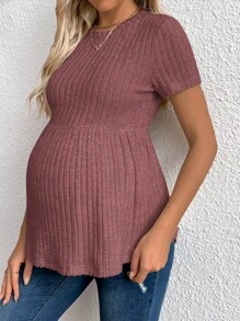 SHEIN 孕妇夏季休闲纯色高腰短袖T恤 - 紫色 - 查看 5