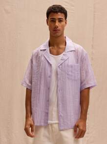 Musero Loose Fit Striped Button Through Short Sleeve Shirt Spring Summer Streetstyle Holiday Vacation Beach - Mauve Purple - View 1