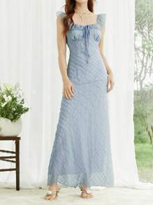 SHEIN LUNE Textured Plaid Ruffle Collar Fishtail Hem Elegant Dress For Women Graduation Dress - Blue - View 3