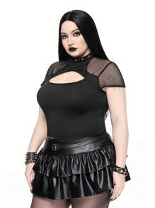 ROMWE Goth Camiseta gótica sexy de talla grande con cuello de malla con corte por láser, empalmado y decoración de remaches metálicos - Negro - Ver 5