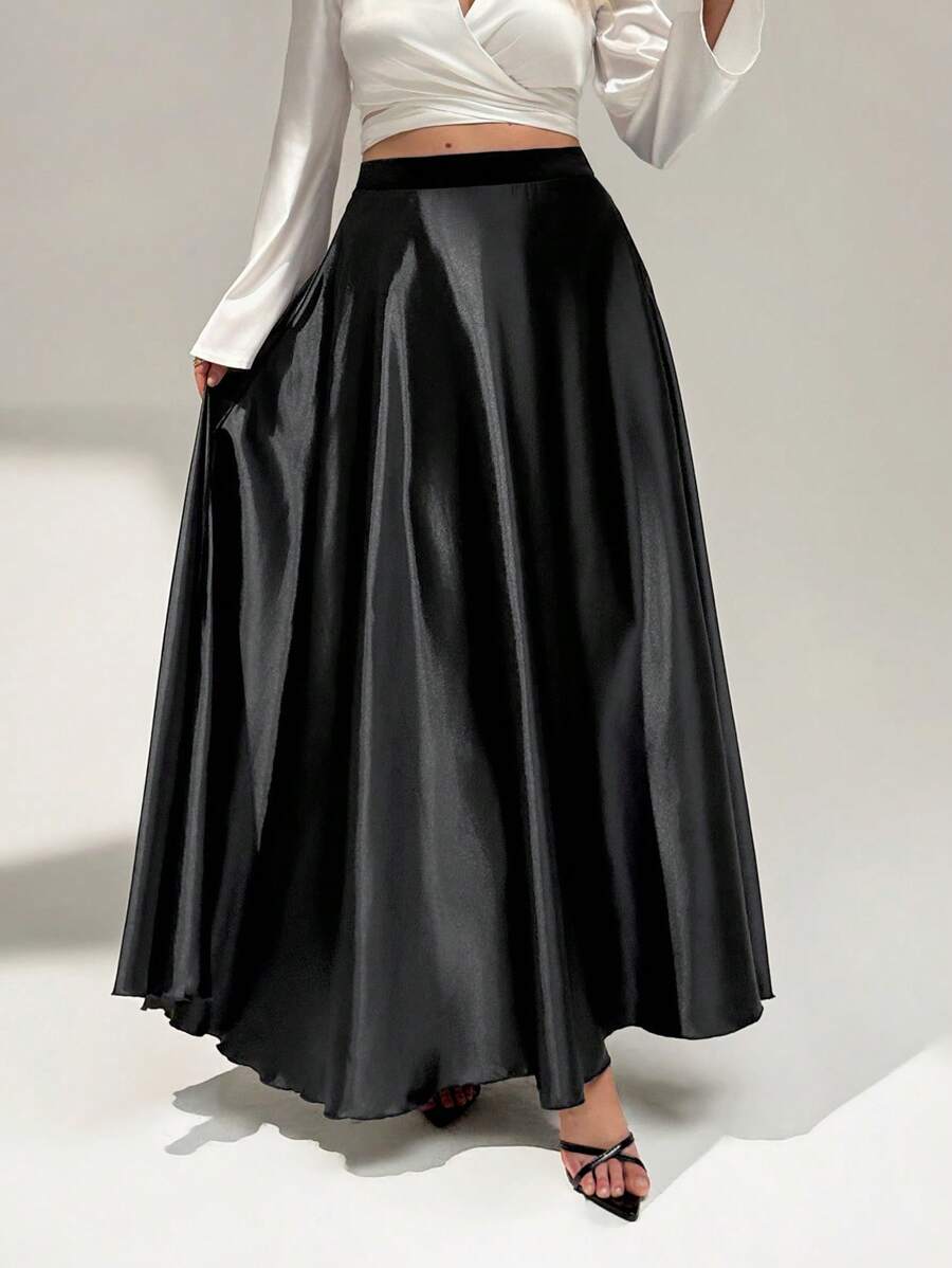 Auralis Chân váy đen dáng chữ A kín đáo, thanh lịch, sang trọng, thời trang mới, chất liệu satin, màu đen, phù hợp cho mùa hè, đi làm hoặc đi du lịch. - màu đen - Xem 1