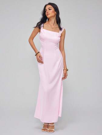 Roylia Solid Color Off-Shoulder Satin Dress, Fashionable For Summer