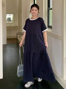 Dazy Plus Contrast Color Block Round Neck Short Sleeve Loose Fit Ankle Length Knitted Dress, Summer Women Plus Black Dress,Casual Women Dresses