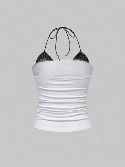 Women's 2 In 1 Lace Trim Ruched Halter Vest
