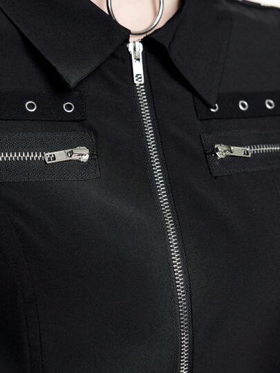 Goth Preppy Style Eyelets Design Zip-Up Fitted Women Blouse