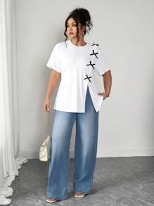 Calvaya Elegant & Casual Bow Decor White Open Side Round Neck Short Sleeve Plus Size T-Shirt, Summer