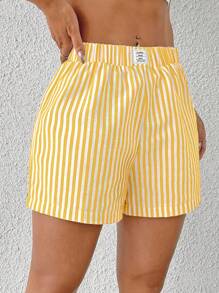 SHEIN EZwear Summer Women's Casual Yellow & White Striped Woven Shorts,Butter Yellow - Yellow - View 5