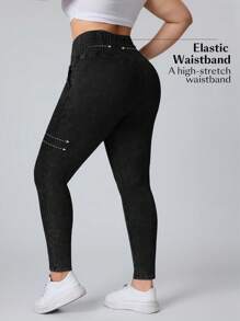 Flexra Pantalones vaqueros casuales de color liso talla grande, adecuados para el verano - Negro - Ver 2