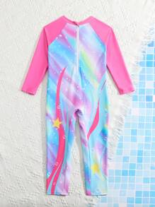 女童连体泳衣（图案印花） - 玫紅色 - 查看 2