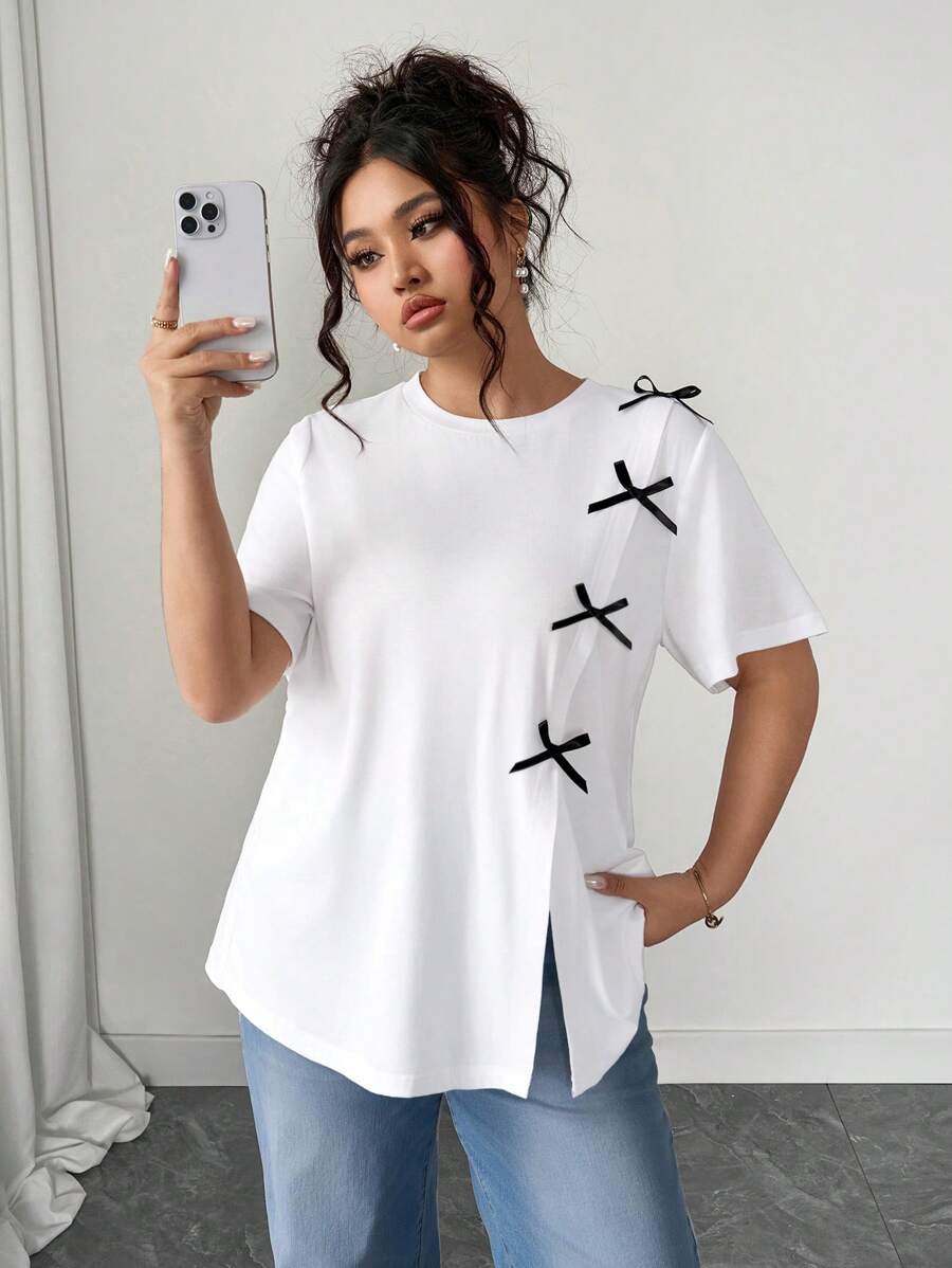 Calvaya Elegant & Casual Bow Decor White Open Side Round Neck Short Sleeve Plus Size T-Shirt, Summer