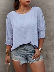 Plus Size Casual Solid Color Textured Batwing Sleeve Shirt Women Summer Shirts Summer Clothes Women Clothes Casual Tops For Women Women Casual Tops - Blue - View 4