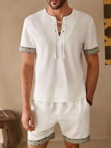 Manfinity VCAY 2pcs/Set Men Fitted Comfortable T-Shirt Set, Summer - White - View 1