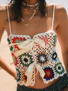 Easelle 2025 Spring And Summer Women Bohemian Style Beach Vacation Island, Women Crochet Floral Woolen Bowknot Decor Hollow Out Knit Top