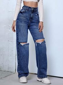 SHEIN ICON Jeans desgarro de talle alto - Azul lavado oscuro - Ver 3