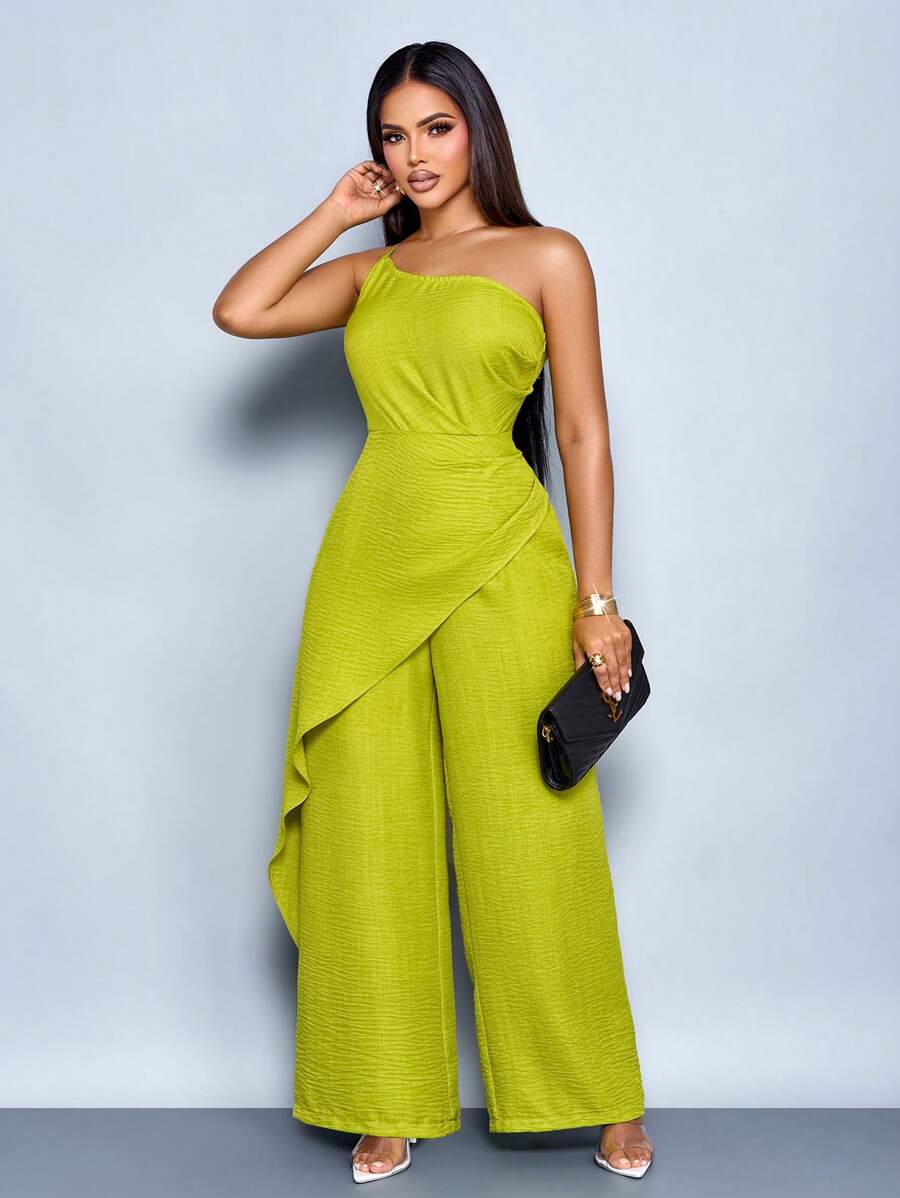 SOLERSUN 女式夏季度假风格单肩腰褶饰不对称拼接直筒连体裤 - 綠色 - 查看 1