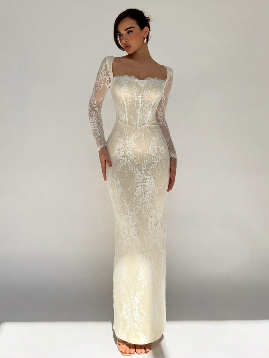 Aloruh 女式秋冬新款性感S形蕾丝长袖紧身方领修身长款派对连衣裙，黑色 - 黃色 - 查看 1