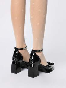 ROMWE Goth Zapatos de vestir para mujer de tacón grueso con cierre, decoración de lazo y strass, tacones altos formales para oficina de color negro