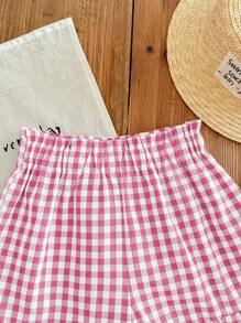 SHEIN LMoss Kids LMoss Young Girl Young Girl's Loose Fit Casual Plaid Woven Shorts - Pink - View 3