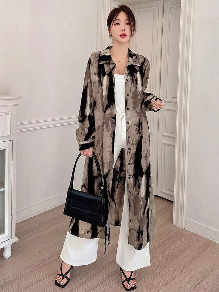 Spring/Fall New Loose Casual Watercolor Tie-Dye Pattern Long Dress For Office Outfit Shirt Dress Long Sleeve Dress