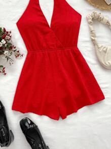 Soleia Bộ đồ liền thân rộng rãi không tay không nút thắt nơ cổ chữ V màu trắng phong cách kỳ nghỉ dành cho nữ WYWH, phù hợp cho bãi biển, lễ hội âm nhạc phương Tây, mùa hè - Đỏ - Xem 4