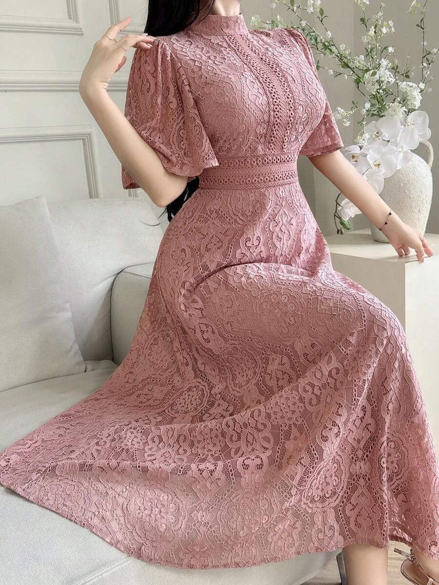 Feyla 女式蕾丝拼布立领纯色优雅长袖连衣裙