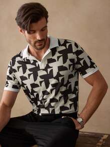 Manfinity ModaGents Men's Casual Geometric Print Slim Fit Short Sleeve Polo Shirt