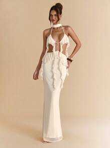 SHEIN BAE Váy Maxi dài hở lưng thanh lịch màu mơ/trắng viền bèo nhún, dài thêm, hở lưng, thích hợp cho kỳ nghỉ ở bãi biển, váy Maxi hở lưng phong cách Bohemian, váy hòa nhạc dành cho nữ, mùa xuân/hè - Màu be - Xem 5
