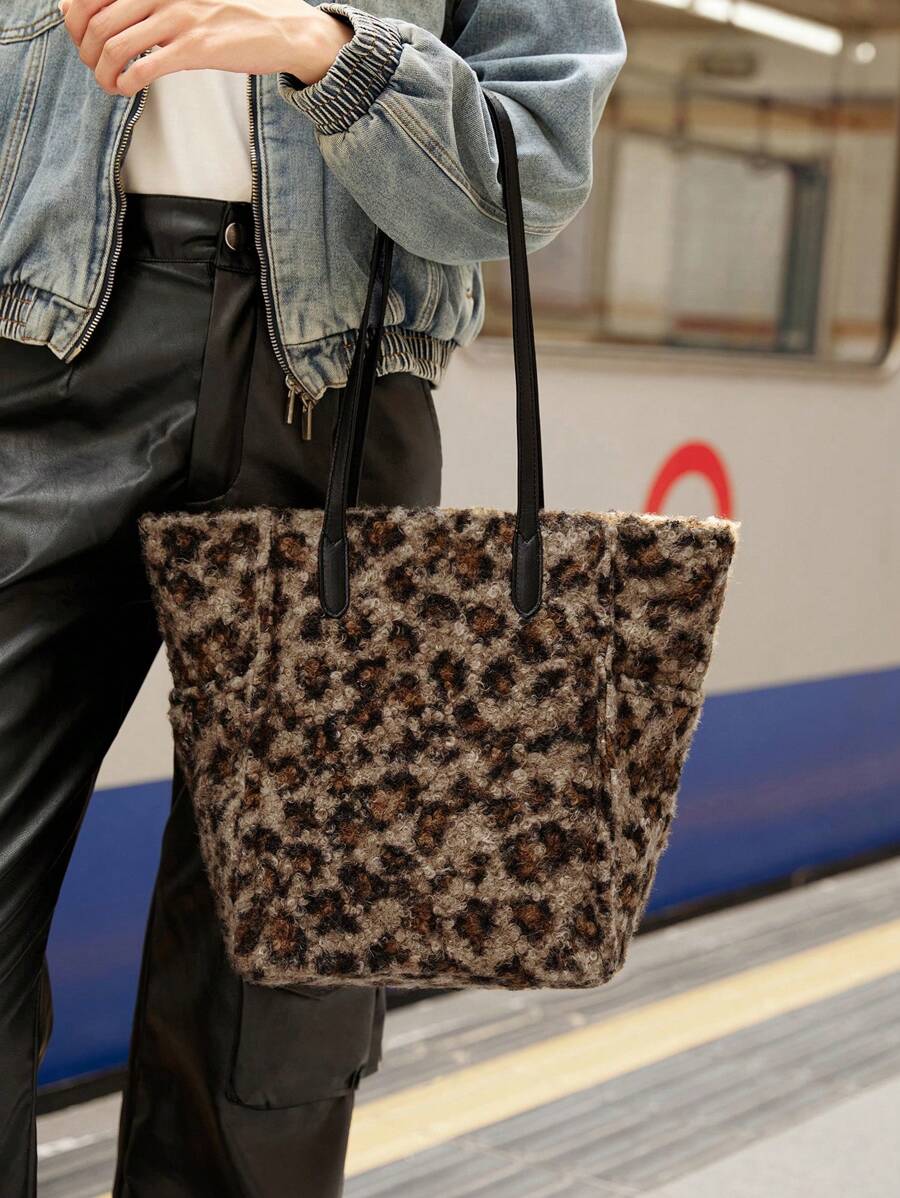 Leopard Print Zipper Tote Bag, Casual & Commuting - Rust Brown - View 1