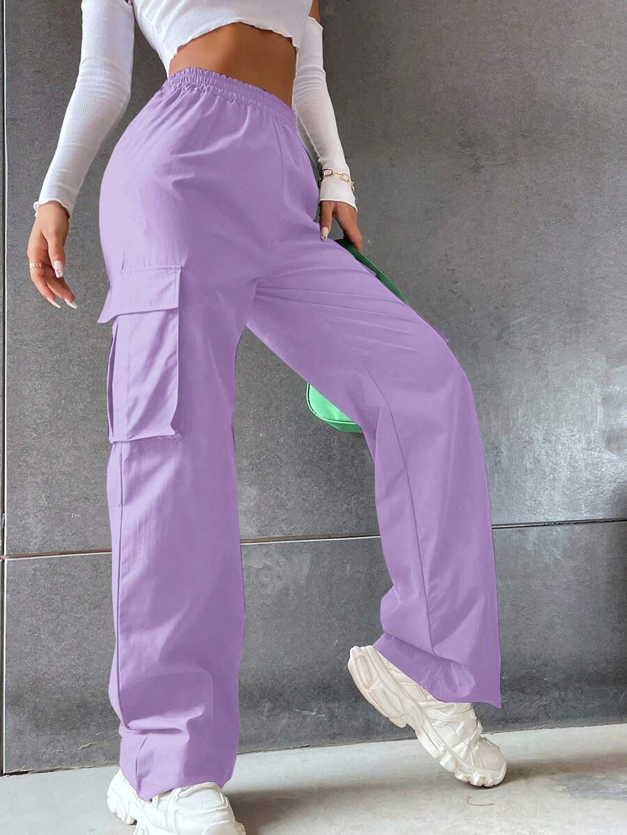 Hanevo Celana Panjang Kasual Model Lurus dengan Pinggang Elastis dan Kantong, Warna Polos - Purple - View 1
