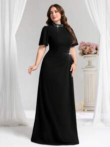 Coutiva Plus Size Formal Cocktail Dress, Solid Color Short Sleeves, Fashionable For Summer, Party Dress, Gown, For Evening, Wedding Guest - Black - View 7
