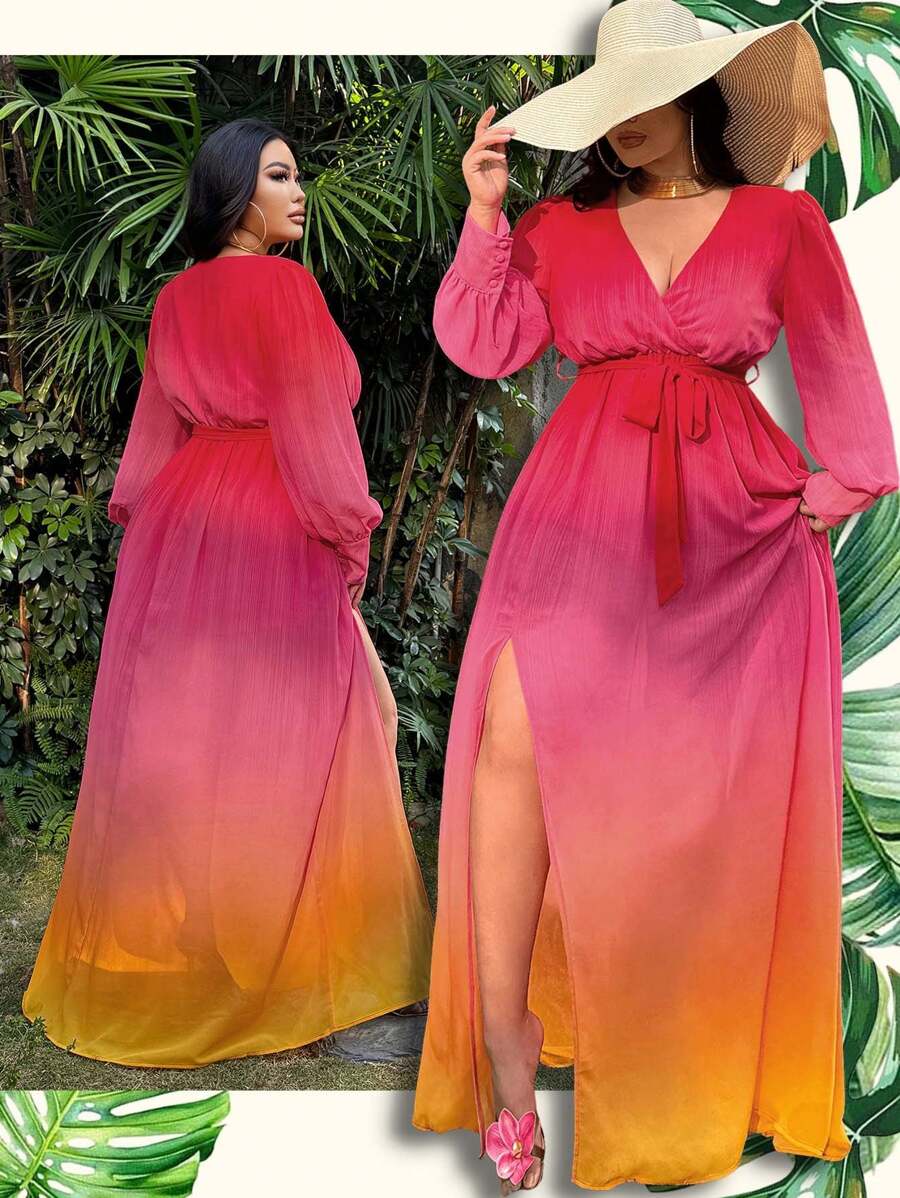 SHEIN SXY Robe ombré en mousseline de soie pour grandes tailles avec fente haute, robe ample à manches longues pour vacances à la plage