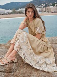 MOTF PREMIUM Besticktes Leinen Patchwork Midi Kleid