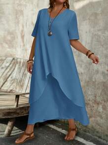EMERY ROSE Plus Size Solid Color V-Neck Casual Vacation Short Sleeve Dress, Suitable For Summer - Dusty Blue - View 4