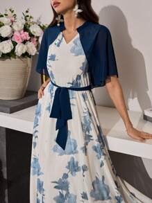 Modelyn Vestido elegante de manga larga con volantes y estampado floral romántico de malla para mujer, para primavera/verano