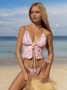 SHEIN Swim Conjunto de bikini de 2 piezas para niña con parte superior de tankini corta de estampado floral aleatorio casual para resort, emparejado con Bottom de bikini con nudo para la playa/natación