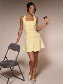 Glamine Nuevo vestido casual mini para mujer de primavera temprana, con escote cuadrado, sin mangas, bolsillo falso, ajuste delgado y apropiado para ir a trabajar