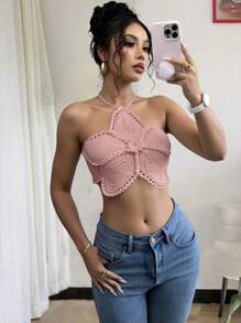 Breezaya Top de punto corto con corbata en el cuello, adecuado para vacaciones, playa, fiesta, cita - Rosa vieja - Ver 6