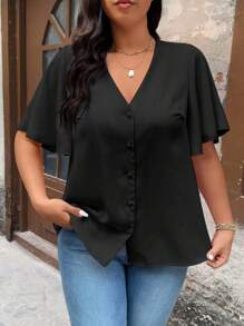 Calvaya Plus Size Solid V-Neck Button Front Short Sleeve Black Blouse - Black - View 7