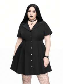 ROMWE Goth Vestito fasciato con stile college gotico vintage, collo in PU, bottoni in metallo, taglio linea A, per taglie forti