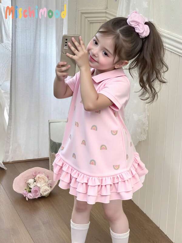 Baby Girls' Casual Pink Polo Collar Ruffle Hem Rainbow Print Short Sleeve Dress Mother Day Gift Graduation Gift Summer Clothes Summer Dress