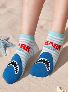 Shark Week X SHEIN 3 pares de calcetines casuales de tobillo suaves, transpirables y que absorben la humedad con patrón a rayas de tiburón, grises y azules, cortos y fashion, con refuerzo en la punta y el talón para mayor durabilidad, unisex para hombres y mujeres, para todo el año