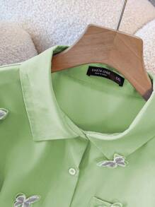 SHEIN Clasi Plus Size Women Blue Polo Collar Bow Blouse - Green - View 3
